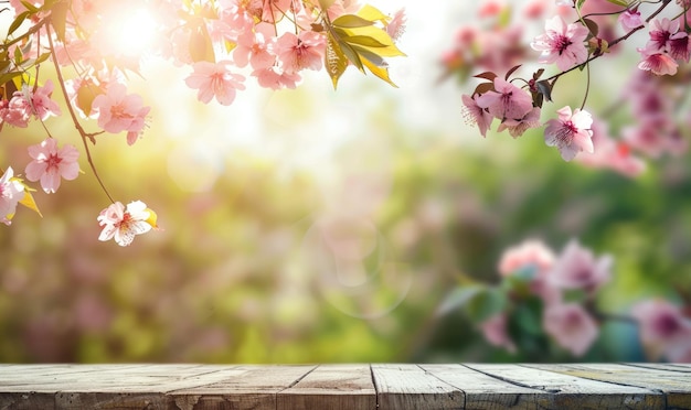 Leerer Holztisch im Sakura Flower Park mit Frühlings-Themengarten Bokeh-Hintergrund Vorlage für die Anzeige von Produkten
