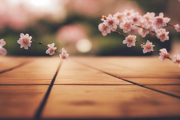 Leerer Holztisch im Sakura Flower Park mit Garten-Bokeh-Hintergrund Produkt-Mockup-Vorlage