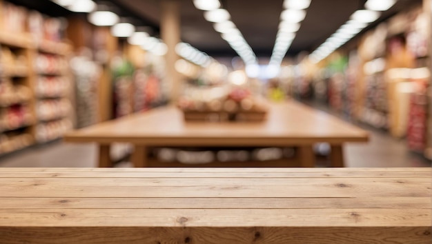 Leerer Holztisch im Supermarkt und verschwommener Hintergrund