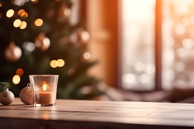 Leerer Holztisch in einem Haus zu Weihnachten und verschwommener generativer Ai-Hintergrund