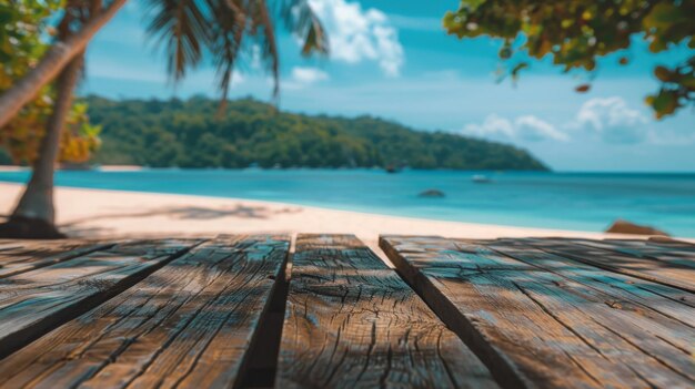 Leerer Holztisch mit Blick auf den tropischen Strand