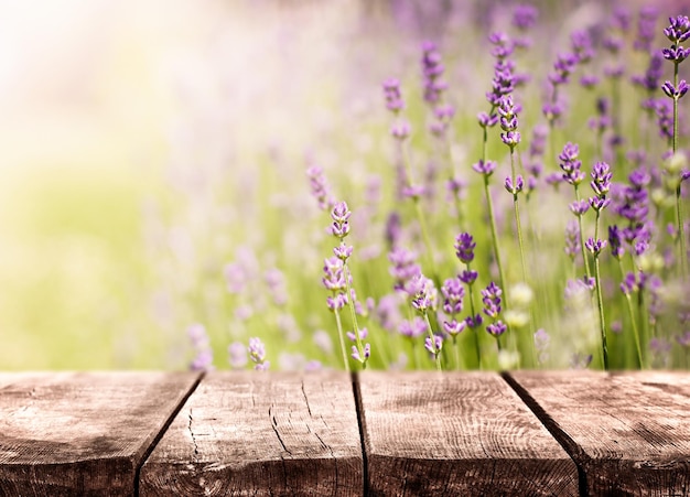 Leerer Holztisch mit defokussiertem Lavendel