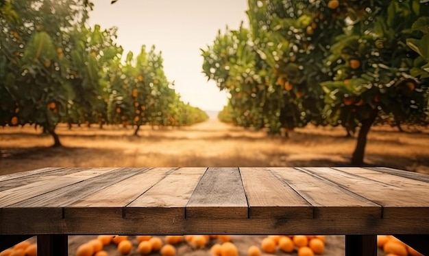 Leerer Holztisch mit freiem Platz über Orangenbäumen, orangefarbenem Feldhintergrund, generative KI