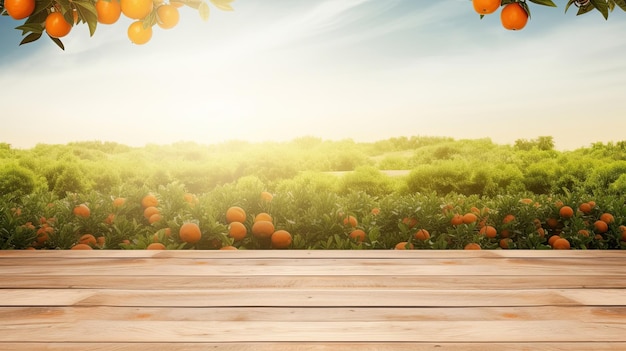 Leerer Holztisch mit freiem Platz über Orangenbäumen Orangenfeldhintergrund Für Produktdisplaymontage