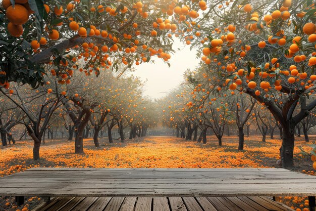 Leerer Holztisch mit freiem Platz über Orangenbäumen Orangenfeldhintergrund