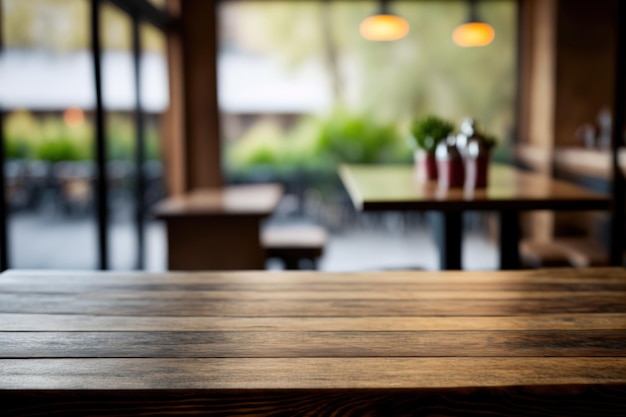 Leerer Holztisch mit Hintergrund des Restaurantcafés und der Lobby verschwommen