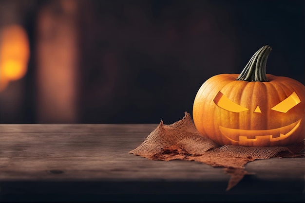 Foto leerer holztisch mit jackolantern für halloween-festival