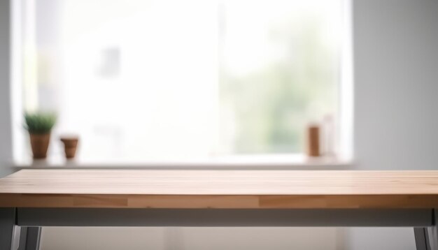 Leerer Holztisch mit Kopierplatz im weißen Wohnzimmer mit Fenster Generative KI