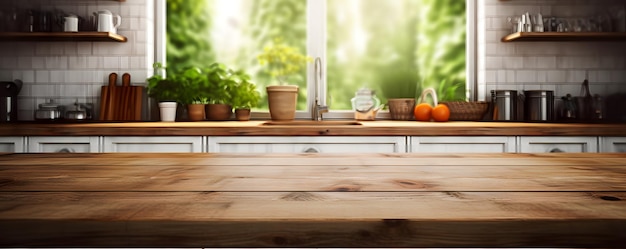 Leerer Holztisch mit Küche im Hintergrund