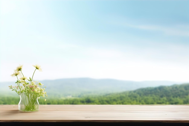 Leerer Holztisch mit Naturlandschaftshintergrund