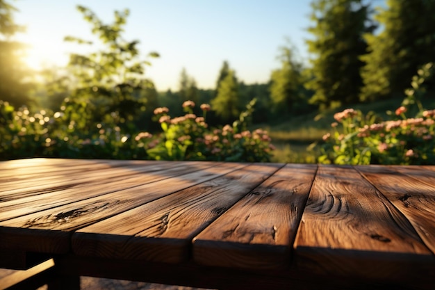 Leerer Holztisch mit Picknick im Gartenhintergrund Generative KI