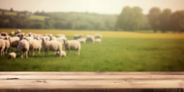 Leerer Holztisch mit Schafen im Hintergrund