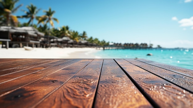 Leerer Holztisch mit sommerlichem Meer und Palmen