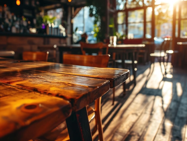 Leerer Holztisch mit sonnig gemütlichem Caféinterieur auf dem Hintergrund