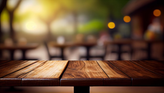 Leerer Holztisch mit verschwommenem Hintergrund eines Cafés oder Cafés im Freien