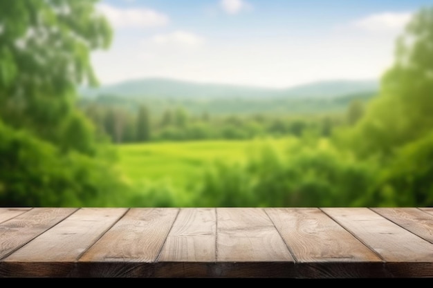Leerer Holztisch mit verschwommenem, natürlichem grünem Hintergrund. Generative KI