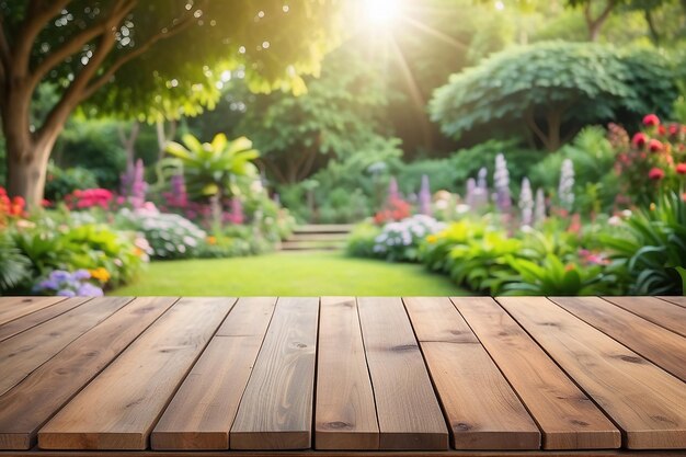 Leerer Holztisch mit verschwommenem schönen Garten-Hintergrund