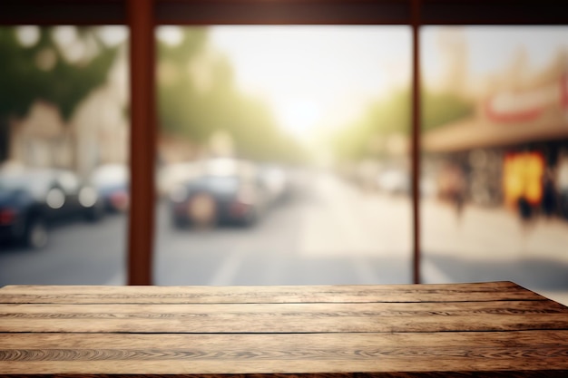 Leerer Holztisch vor Cafés. Dunstiger abstrakter Hintergrund könnte zur Montage verwendet werden