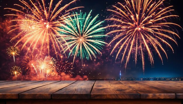 Foto leerer holztisch vor einem feuerwerk-hintergrund