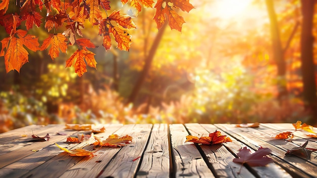 Leerer Holztisch vor farbenfrohem Herbsthintergrund