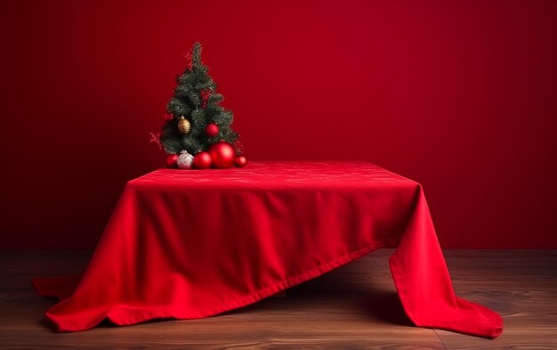 Leerer Holztisch, Weihnachtsbaum, roter Hintergrund