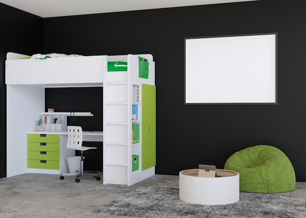 Leerer horizontaler Bilderrahmen an der schwarzen Wand im modernen Kinderzimmer Mock-up-Interieur im zeitgenössischen skandinavischen Stil Freier Kopierplatz für Bild Bettspielzeug Gemütliches Zimmer für Kinder 3D-Rendering