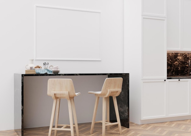 Leerer horizontaler Bilderrahmen an der weißen Wand in der modernen Küche Mock-up-Interieur im minimalistischen, zeitgenössischen Stil Freier Platz kopieren Platz für Ihr Bildposter Tischstühle 3D-Rendering