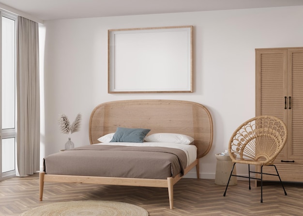 Leerer horizontaler Bilderrahmen an weißer Wand im modernen Schlafzimmer Mock-up-Interieur im Boho-Stil Freier Kopierplatz für Ihr Bildposter Bett Rattan Sessel Pampasgras 3D-Rendering