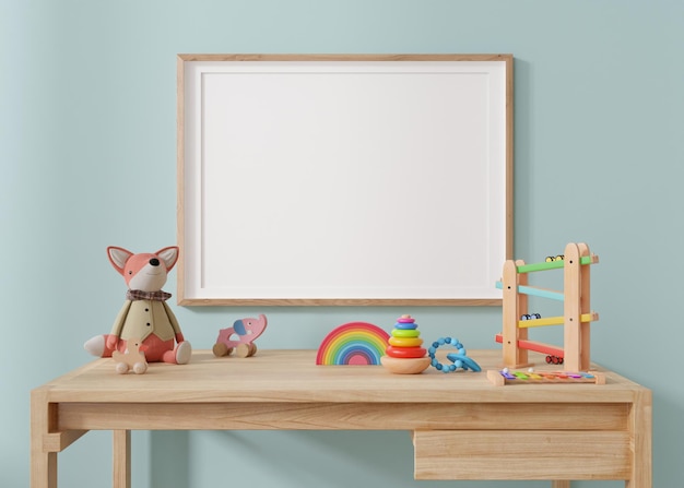 Leerer horizontaler Bilderrahmen, der an der blauen Wand im modernen Kinderzimmer hängt Rahmenmodell im zeitgenössischen Stil Freier Kopierplatz für Bildposter Plüsch- und Holzspielzeug Nahaufnahme 3D-Rendering