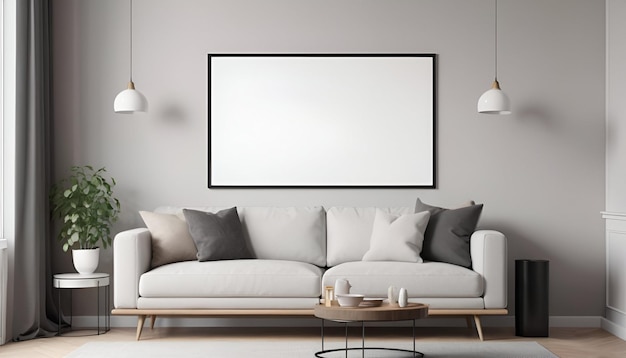 Leerer horizontaler Posterrahmen im modernen Innenraum des Wohnzimmers