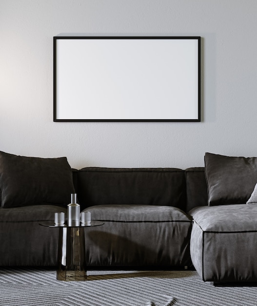 Leerer horizontaler Posterrahmen im Wohnzimmer im skandinavischen Stil, moderner Wohnzimmerhintergrund, schwarzes Sofa und Couchtisch, 3D-Rendering