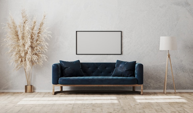 Leerer horizontaler Rahmen auf grauer dekorativer Putzwand im modernen Wohnzimmerinnenraum mit dunkelblauem Sofa, Stehlampe, 3D-Darstellung