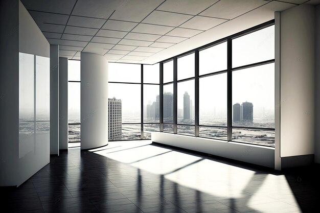 Leerer Innenraum in unmöbliertem Büro mit Panoramafenster und Blick auf die Stadt