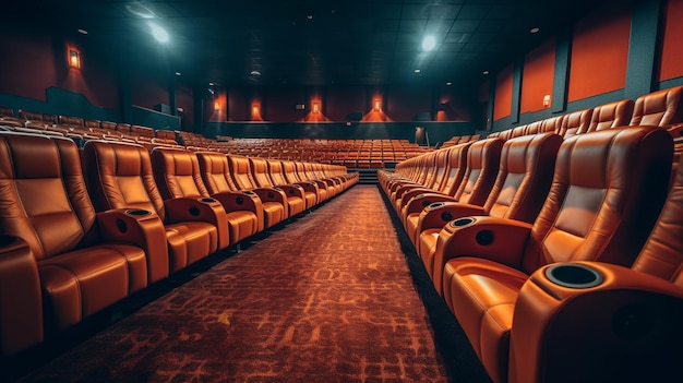 Leerer Kinosaal mit Reihen orangefarbener Sitze, generative KI