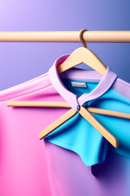 Leerer Kleiderbügel aus Holz auf pastellrosa und blauem Hintergrund mit Kopierraum