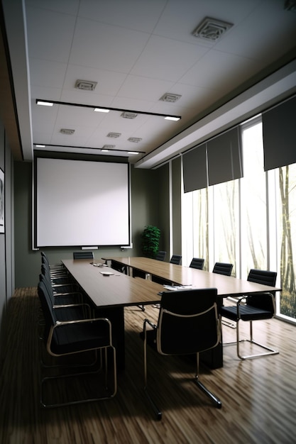 Leerer Konferenzraum mit Tisch über Whiteboard im Büro, der mit generativer KI-Technologie erstellt wurde