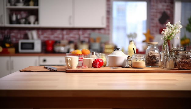 Leerer Küchentisch mit verschwommenem Küchenhintergrund, isolierter Tischbereich für Produkt- und Lebensmittelkom