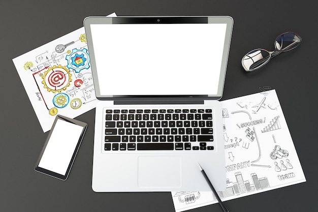 Foto leerer laptop-bildschirm handy business notes und brille 3d-render-mock-up