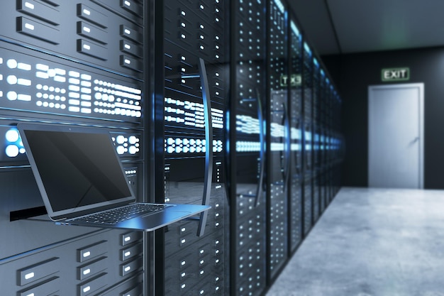 Leerer Laptop-Computer in einem beleuchteten Serverraum Innenraum Internet-Ingenieurwesen und Datenkonzept 3D-Rendering