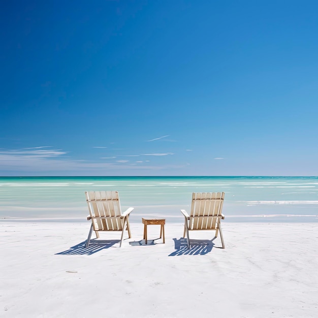 Leerer Meeresstrand mit Stühlen und blauem Himmel