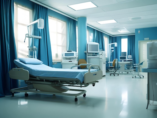 Leerer moderner Krankenhausflur, Klinikflur, Innenhintergrund mit Stühlen für das Patientenbett