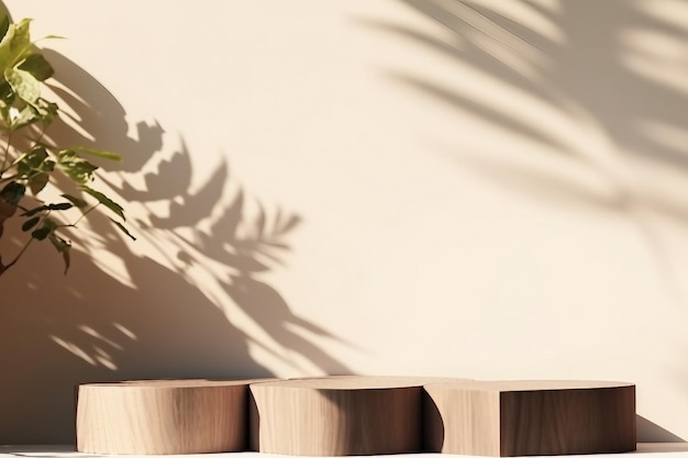 Leerer natürlicher Holzscheit mit Holzmaserung, Podium für Bio-Produkte, Overlay-Anzeige unter Sonnenlicht mit Schatten von Laubblättern auf beigefarbener Wand im Hintergrund