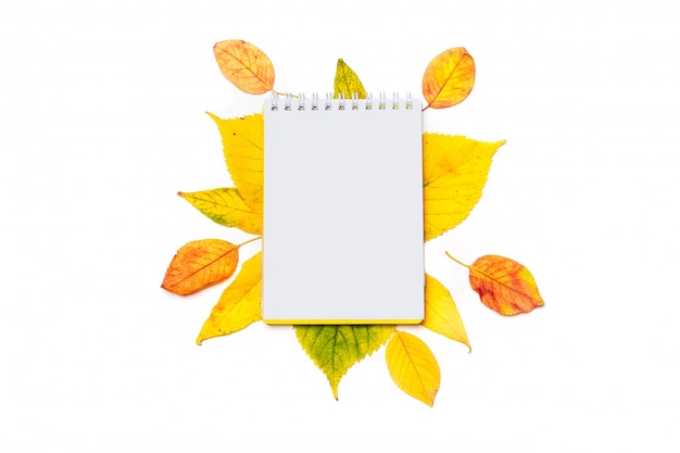 Leerer Notizblock für das Schreiben auf einen Herbst von den farbigen Blättern lokalisiert auf Weiß.