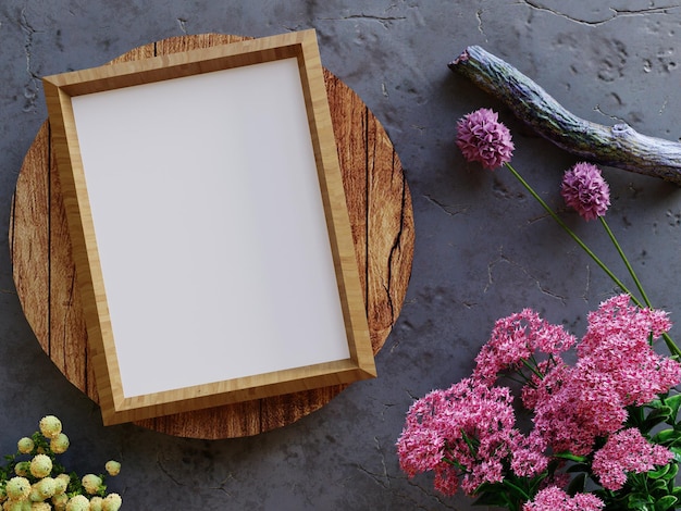 Leerer Plakatrahmen auf einem runden Holzbrett mit dekorativen Blumen um ihn herum 3D-Render