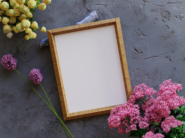 Leerer Plakatrahmen, der sich auf einen Ast stützt, der von Blumen umgeben ist, als Attribut für Mock-up-3D-Rendering