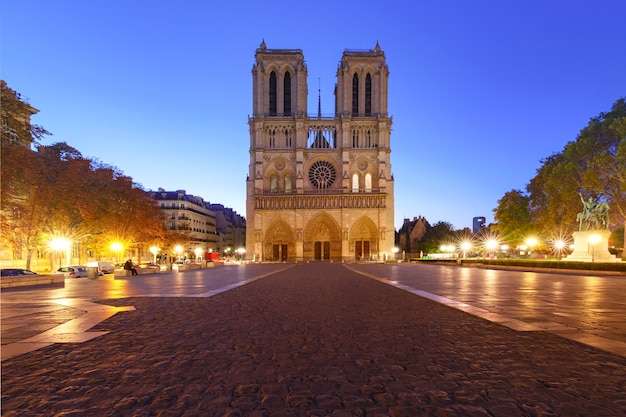 Leerer Platz und Kathedrale Notre Dame de Paris am Morgen, Paris, Frankreich