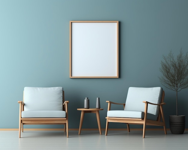Leerer Posterrahmen aus Holz mit Sessel und blauer Wand