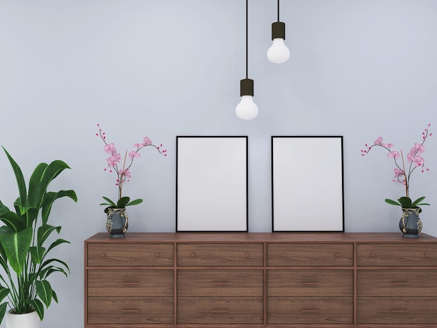 Leerer Posterrahmen im Wohnzimmer mit Möbeln und Blumenpflanzen 3D-Rendering