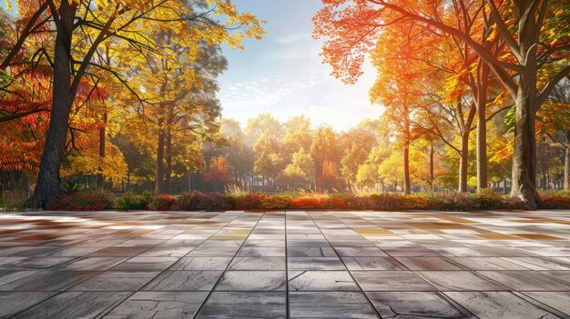 Leerer Quadratboden und farbenfrohe Waldnaturlandschaft im Herbst