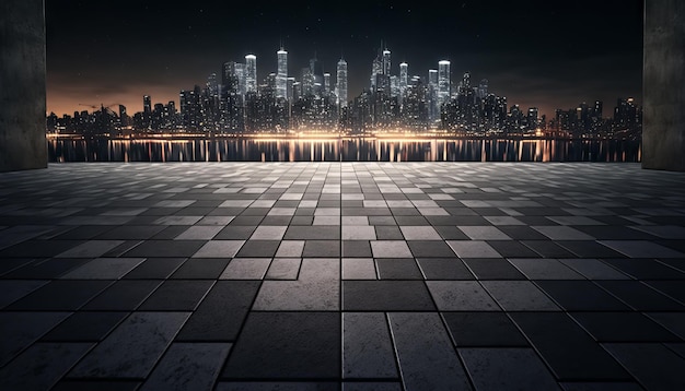 Leerer quadratischer Boden und moderne Skyline der Stadt bei Nacht Generative KI